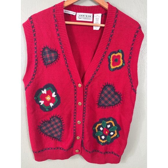 Jantzen Classics Ugly Sweater Vest Women Size Large Red Hearts Christmas Holiday - Picture 7 of 9